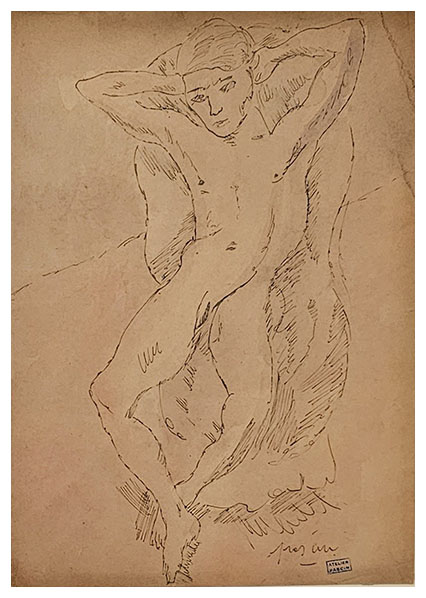Nu assis, les bras derrière la tete (Jeune homme),
a drawing by Jules PASCIN